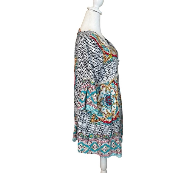 Umgee Boho Tunic Mixed Print Dress Small Lightweight V-Neck Geometric Bohemian - Picture 3 of 9